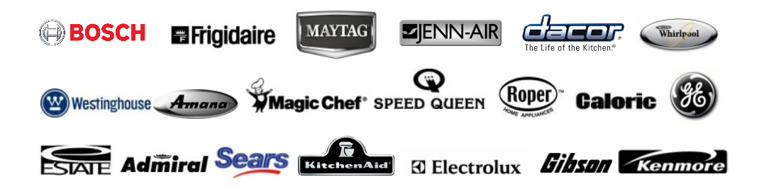 A collection of home appliance logos including: Bosch, Frigidaire, Maytag, Jenn-Air, Dacor, Whirlpool, Westinghouse, Amana, Magic Chef, Speed Queen, Roper, Caloric, GE, Estate, Admiral, Sears, KitchenAid, Electrolux, Gibson, and Kenmore.