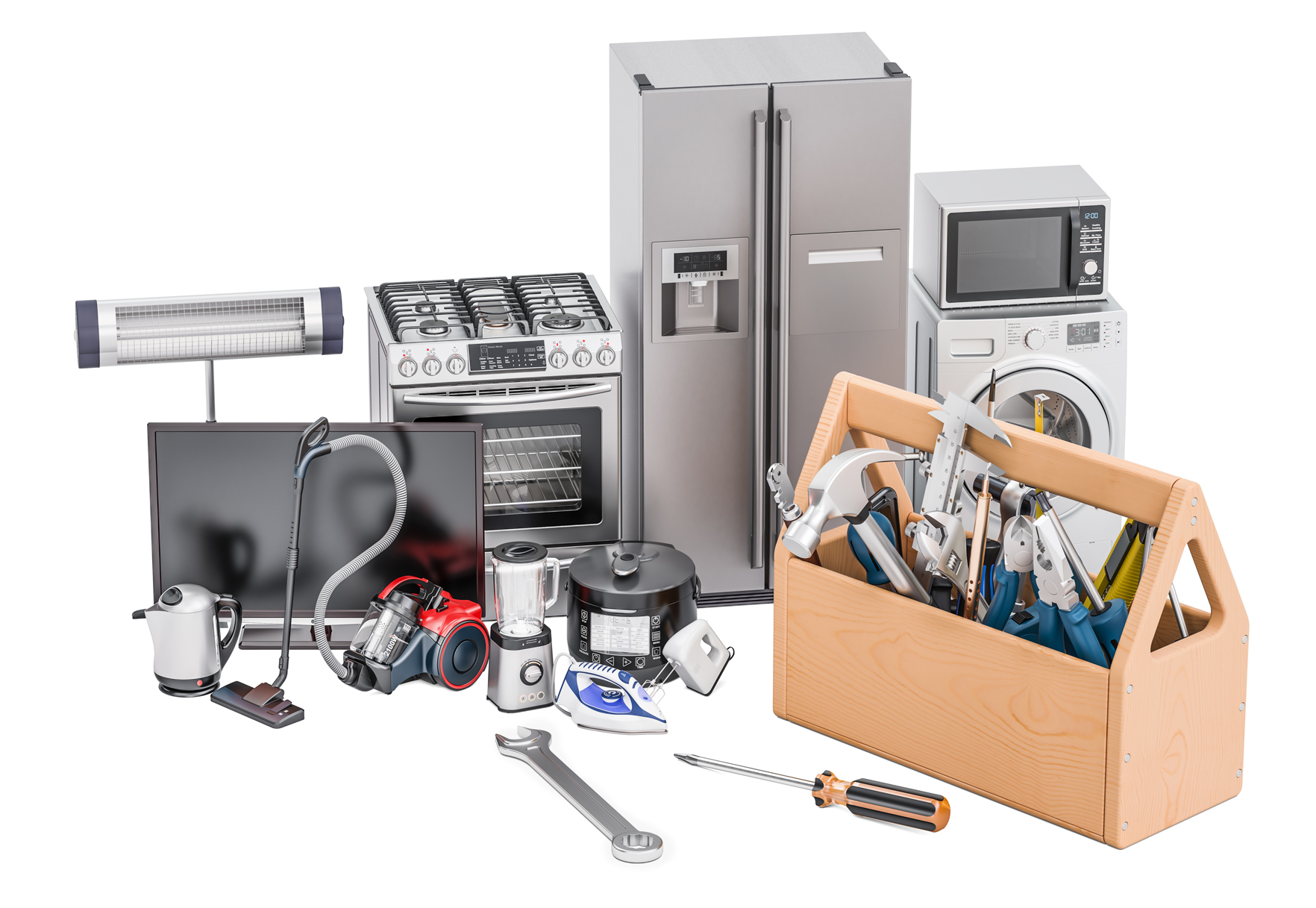 A colllection of home appliances and a toolbox